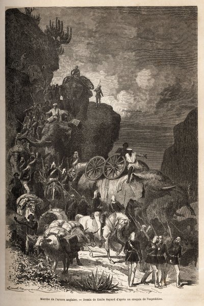 mars av den engelske hæren mot Dalanta-platået, etter troppene til keiser Theodoros (ca. 1818-1868), med elefanter for transport av artilleristykker. Gravering for å illustrere historien "" les captifs de Theodoros"", av doktor Henry Blanc av Unknown artist