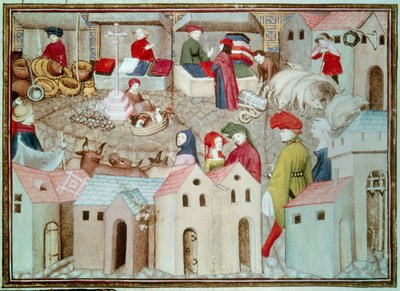 Marche de Champeaux i Paris Betail- og fjærfeforhandlere, drapere. Miniatyr hentet fra «The Wandering Knight» av Thomas de Saluces (Tommaso III di Saluzzo), ca. 1403-1404. Paris, B.N. av Unknown artist