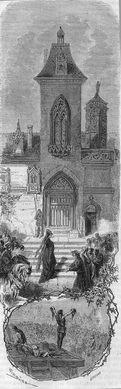 Marie de Burgundy asks for the grace of her ministers. Death of Hugonat and the Sire of Humbercourt on 3 April 1477. Engraving of the 19th century. av Unknown artist