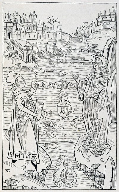 Marine dyr og monstre - tittelside til kapittelet "" De Piscibus"" av "" Hortus Sanitatis"", utgave av Årets Mainz av Unknown artist