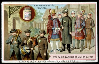 Ekteskapsskikker: prosesjonen går til kirken i Altenburg (Thüringen) - chromo. Liebig, v. 1895 av Unknown artist