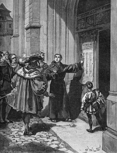 Martin Luther (1483-1546) henger sine 95 teser i Wittenberg av Unknown artist