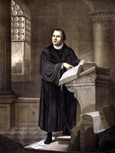 Martin Luther (1483 - 1546) reading in a church. av Unknown artist