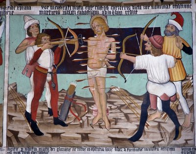 Martyrium of St Sebastian, Saint Sebastians liv (1400-tallet), fresker, Chapel of St Sebastian, Villard-de-Lans, Rhone-Alpes, Frankrike. av Unknown artist