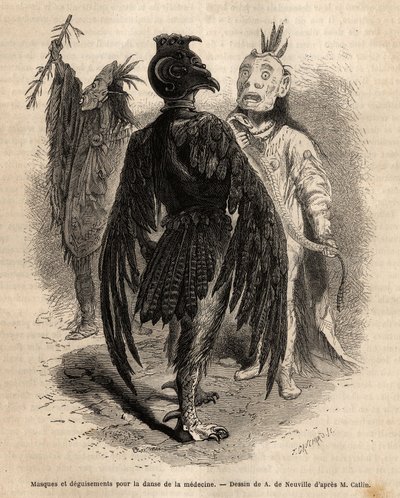 Masker og forkledninger for medisinens dans blant Naya-indianerne. Gravering for å illustrere en ekskursjon blant indianerstammene i bassengene i Colombia og Upper Missouri, av G. Catlin, i 1855, publisert i "" le tour du monde", under ledelse av Unknown artist