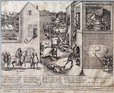 Massakren på Saint Barthelemy (Saint Barthelemy) i Paris natt til 24. august 1572. Gravering av 1500-tallet. Pau, Musee Du Chateau av Unknown artist