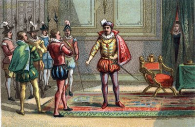 Massakren av Saint Barthelemy, hertugen av Conde og Henry av Navarre ble brakt til Charles IX, konge av Frankrike (1550-1574), som tilbød dem valget mellom messe og død. Catherine de Medicis (Caterina de Medici) (1519-1589) observerer scenen. Chrom av Unknown artist