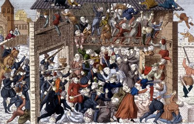 Massakren av Wassy (Vassy) 1. mars 1562 under Francois I av Lorraine, 2. hertug av Guise (1519 - 1563). av Unknown artist