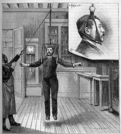 Medizin: Behandlung der Ataxie durch Aufhängung im Krankenhaus Salpêtrière in Paris. Oben, Detail des für die Pflege verwendeten Geräts. Gravur in „La Nature. Revue des sciences et de ses applications aux arts et à l