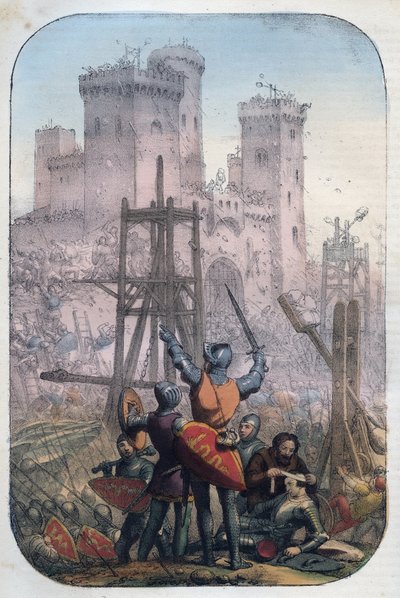 Middelalderliv - Angripe og forsvare et slott - gravering fra "" Skikker og skikker til alle folkeslag i universet. Det vil si historien om regjeringen, lovene, militsen, om religionen til alle nasjoner fra de fjerneste tider til i dag "185 av Unknown artist