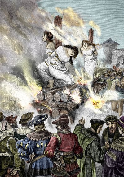 Middelalderinkvisisjon: Brenning av hekser i en fransk by av Unknown artist