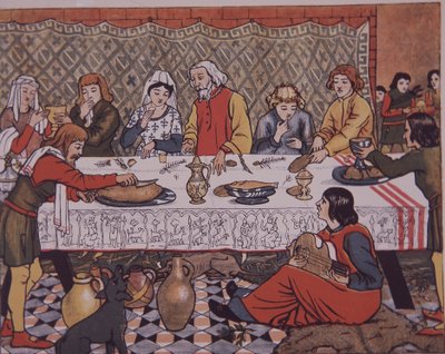 Middelaldersk herregårdsservering (farge litho) av Unknown artist