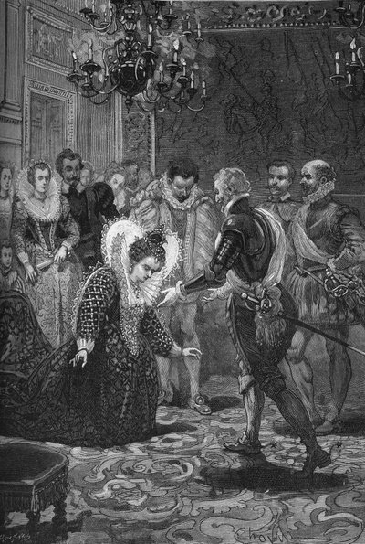 Meeting of Maris de Medicis and Henry IV (1601): Mary of Medicis (1573 -1642) bowing to her husband, King of France Henry IV (1553-1610). Engraving of the 19th century. In “Histoire de France” by Jules Michelet av Unknown artist