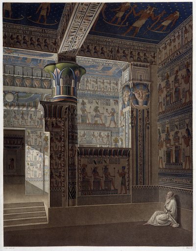 Memnonium Thebes, pl 37: Fargerik interiørperspektivvisning av tempelet i vest - i "" Egyptian Antiquites"", sd. 1800-tallet av Unknown artist