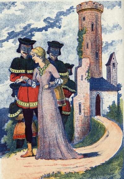 Menn maske trene prinsessen. Anonym illustrasjon for eventyret «L
