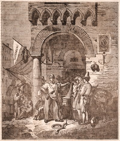 Kjøpmann som koker pasta i en kjele, italiensk scene (gravering) av Unknown artist