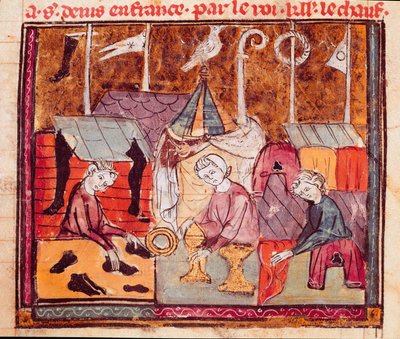 Kjøpmenn (skomaker, gullsmed, stoffhandler) på Lendit-messen nær Saint Denis Miniature fra "" Grandes Chronicles de France"" 1375-1379 kommunale bibliotek, Castres av Unknown artist