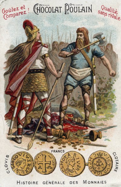 Merovingiens: Clovis 1. skjøt ned soldaten som hadde knust fartøyet til Soissons, i 486. In General History of Coins. Sjokolade-føllkromolitografi fra slutten av 1800-tallet. Privat samling. av Unknown artist