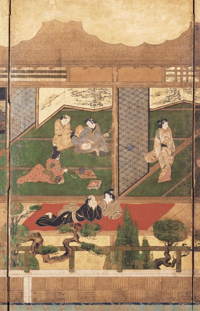 Merrymaking (blekk, farge og bladgull på papir) av Unknown artist