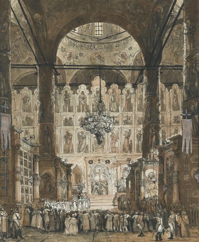 ""Messe ved Dormition-katedralen i Moskva Kreml, Russland"" (Messe ved Dormition-katedralen i Moskva Kreml) Anonym gouache ca. 1850 Privat samling av Unknown artist