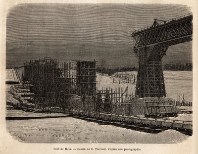 Meta Bridge (Ukraina), under bygging. Gravering for å illustrere La Russie libre, av William Hepworth Dixon, i 1869, utgitt i "" Le tour du monde""" 1872, redigert av Edouard Charton, Hachette-utgaven, Paris. Selva samling. av Unknown artist
