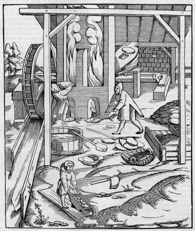Metal furnace blower operated by a hydraulic motor. Fac simile (Fac-simile) of an engraving published in “” Cosmographie”” (1555) by Sebastien Munster. Engraving in “” La Nature: revue des sciences et de leurs applications aux arts et a l