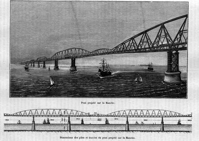 Metallic bridge project on the Channel: at the top, the bridge once finished; at the bottom, the dimensions of the piles and travees of the projected bridge. Engraving in “” Le Journal de la jeunesse”” av Unknown artist