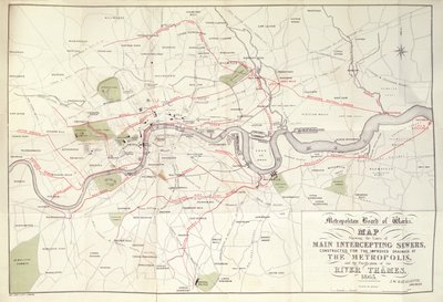 Metropolitan Board of Works-kart over Bazalgettes plan for Lines of Main Intercepting Sewers, konstruert for den forbedrede dreneringen av Metropolis av Unknown artist