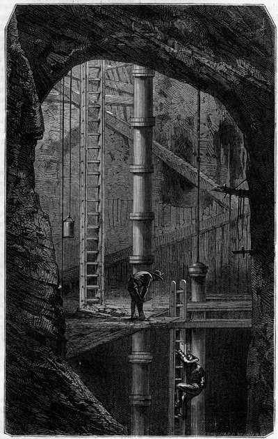 Miners inside a tin mine in Cornwall, England. Engraving in the journal “” La jeunesse”” av Unknown artist