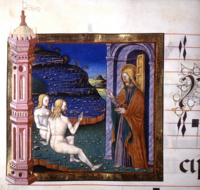 Miniatyr som viser skapelsen av Adam og Eva av Gud. Antifonisk. 1400-tallet.Biblioteca av Lodi av Unknown artist