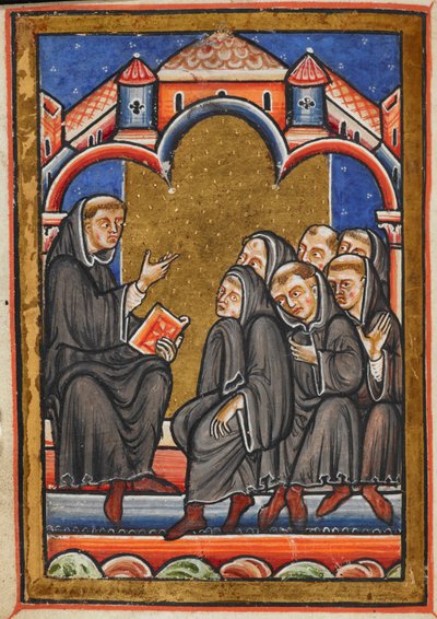 Miniatyr av Cuthbert som underviste munkene i klosteret Lindisfarne, fra kapittel 16 i Bedes prosa Life of St Cuthbert. av Unknown artist