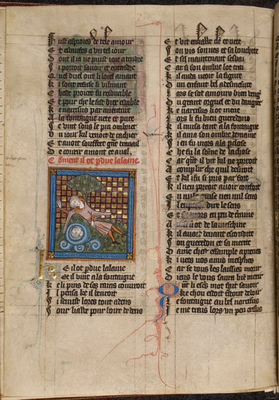 Miniatyr av Narcissus som beundrer refleksjonen hans i en fontene, fra 