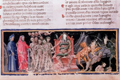 Minos dømmer overtredelsene og sender sjelene (sang 5 av helvete, i den guddommelige komedie) - miniatyr av Unknown artist