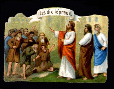 Jesu mirakler. Kristus som fører de spedalske. 1800-talls kromolitografi. av Unknown artist