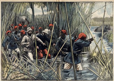 Oppdrag Marchand (1896-1899) til Fachoda (Sudan): den franske kapteinen Baratier (1864-1917) og troppene hans rykket frem gjennom myra mot Fachoda. (Ifølge kaptein Baratiers loggbok). Illustrasjon i "" Le Pelerin"" av 6. november av Unknown artist