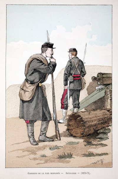 Mobiliserte fredsbevarende styrker (1870-1871). Etsning i farger, for illustrasjon "" Histoire du corps des gardes de la paix""" bok utgitt i regi av Louis Lepine (1846-1933) prefekt for politiet på Seinen, av Alfred Rey (1864-?) og Louis Feron av Unknown artist