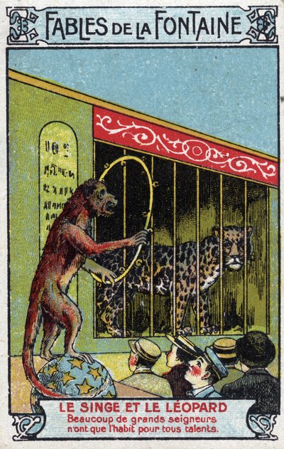 Monkey and Leopard - Fables av Jean de La Fontaine (1621-95) -Kromolitografi fra slutten av 1800-tallets privatsamling av Unknown artist