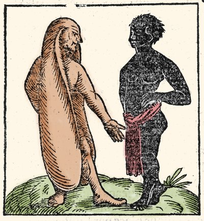 Uhyrlige skapninger: to afrikanske menn, en av dem med lange ører for å beskytte seg mot solen og kulden. Når en situasjon skremmer dem, lar ørene dem fly bort. Symbolsk lar de dem lytte bedre til Guds ord. Xylogr av Unknown artist