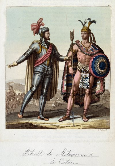 Montezuma II, Aztec King, og Hernan (eller Hernando) Cortes eller Fernand Cortes (1485-1547), spansk erobrer - i "" The Old and Modern Costume"" av Ferrario, red. Milan av Unknown artist