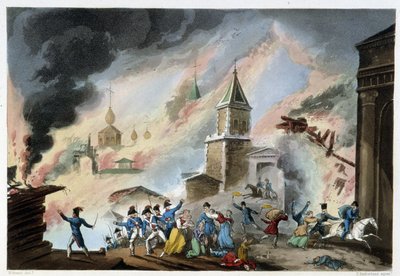 Moscow Fire, september 1812 - i "" Napoleonskrigene"" av Sutherland, Duburg, London av Unknown artist