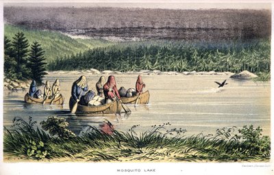 Mosquito Lake i Canada: Indianere kano over innsjøen med myggnetting på hodet - i "Exploration of the Labrador Peninsula" av Hind, London av Unknown artist