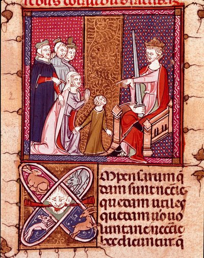 Mor og barn dukker opp for en konge, representant for Justice Miniature hentet fra "Justiniani in Fortiatum"" Royal Library of the Escorial Monastery (Escorial), Spania fra 1300-tallet av Unknown artist