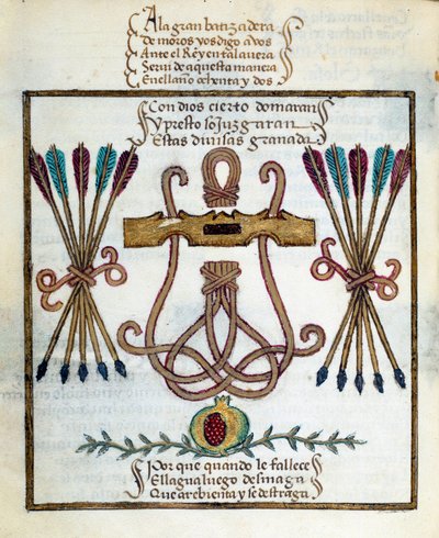 Motto for katolske konger. Emblem til katolske konger. Miniatyr i "" Devotorio de la Reyna Da Juana som de kalte La Loca"" av Pedro Marcuello av Unknown artist