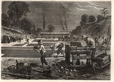 Moulage des bricques - Støping av murstein - gravering i 'Les Merveilles de l'Industrie' av Louis Figuier av Unknown artist