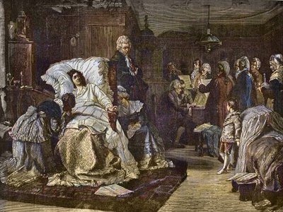 Mozarts siste dager etter maleri av Hermann Kaulbach (1846-1909) - Gli ultimi momenti di Mozart - siste dag av Wolfgang Amadeus Mozart - gravering i "" Popular Music""" berømte ukeavis - 1882 av Unknown artist