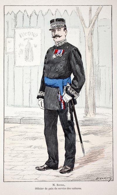 Mr. Roudil, fredsoffiser i biltjenesten. Etsning i farger, for illustrasjon "" History of the corps of peacekeepers""" bok utgitt i regi av Louis Lepine (1846-1933), prefekt for politiet på Seinen, av Alfred Rey (1864-?) og Lo av Unknown artist