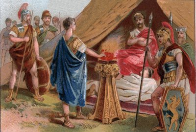 Mucius Scaevola før Porsenna (Micius Scaevola før Porsenna). Caius Mucius Scaevola, en ung romersk patrisier tatt til fange av den kongelige garde av Porsenna (Porsinna, Porsena) av Unknown artist