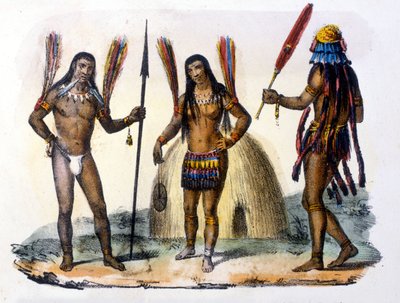Mundrucu og Jivaros indianere i Ecuador. Gravering 1846-48. av Unknown artist