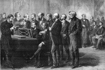 Musikalsk konkurranse fra byen Paris i 1878. Juryen ved Palais du Luxemburg undersøker partiturene "Pardis lost" og "Mug". Fra venstre til høyre: Column, Perrin, Cherouvrier, Gounod, Boulanger, Camille Saint Saens (Saint-Saens), Lenepveu, vaucorbe av Unknown artist