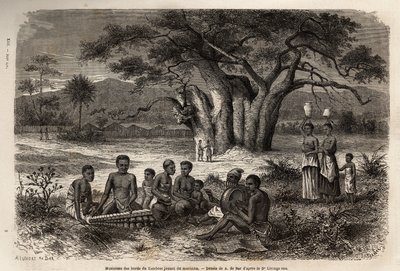 Musikere som spiller marimba (en blanding av balafon og precolombianske instrumenter) ved bredden av elven Zambese. Gravering for å illustrere Dr. Livingstones første reiser til Sør-Afrika fra 1840 til 1856, i «Le tour du monde, nouveau journal des voyages av Unknown artist
